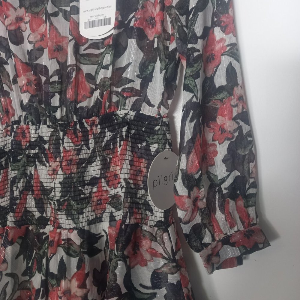 NWT Pilgrim Lola mini dress ruffles, sheer fabric, long sleeves, open back (10) - Picture 4 of 9